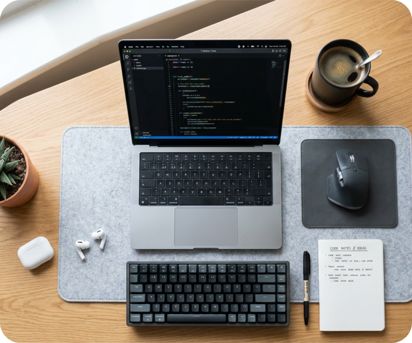 A clean developer workspace with a laptop, keyboard, mouse, notebook, and coffee.